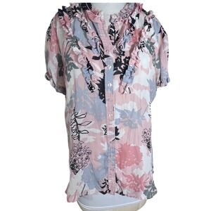 Sunny Leigh‎ Womens XL Pink Floral Ruffle Button Down Short Sleeve Blouse Top